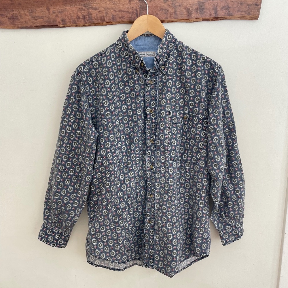Bugle Boy | vintage grey blue casual cotton ramie paisley button down shirt S